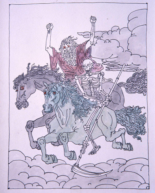 Giorgio de Chirico, L'Apocalisse. Il suo nome è Morte e l'Orco l'accompagnava (1977), litografia acquarellata